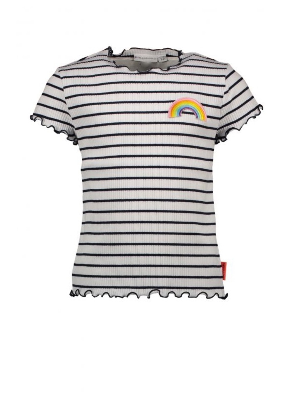 Striped White & Navy Short Sleeve Tee with Rainbow Patch